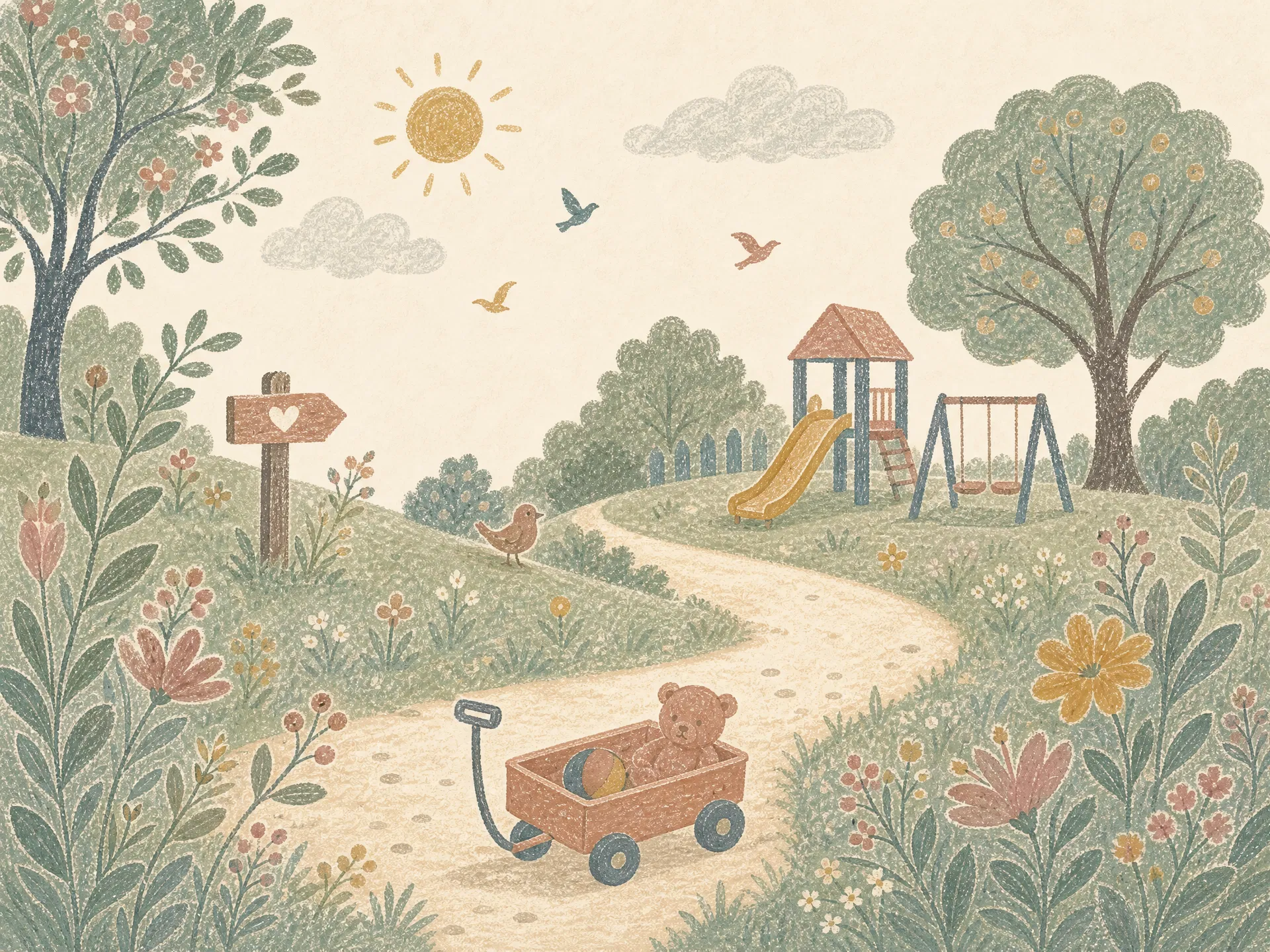 Illustration: sonniger Weg zu einem kleinen Spielplatz