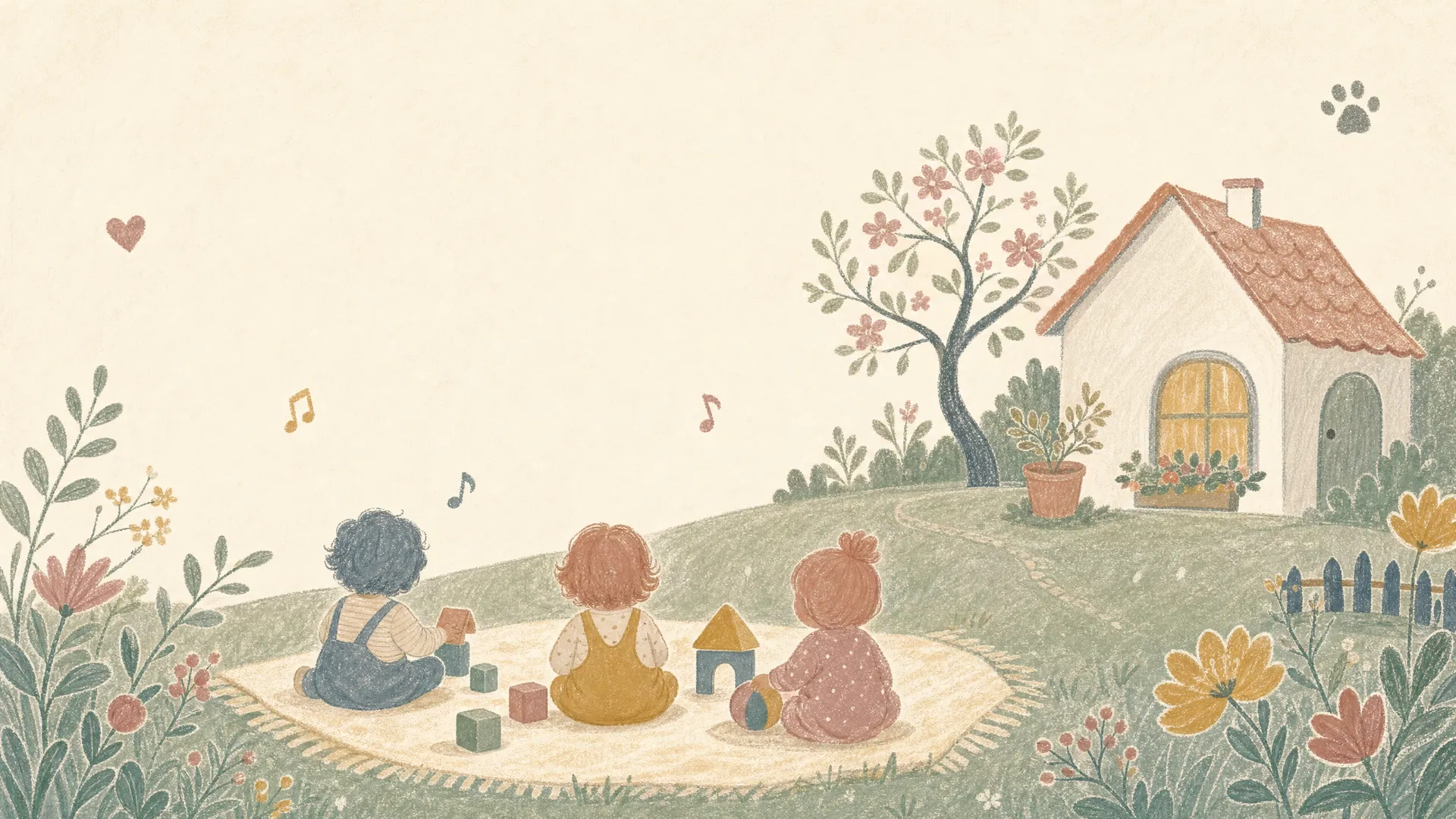 Illustration: Kinder spielen im sonnigen Garten vor einem kleinen Haus