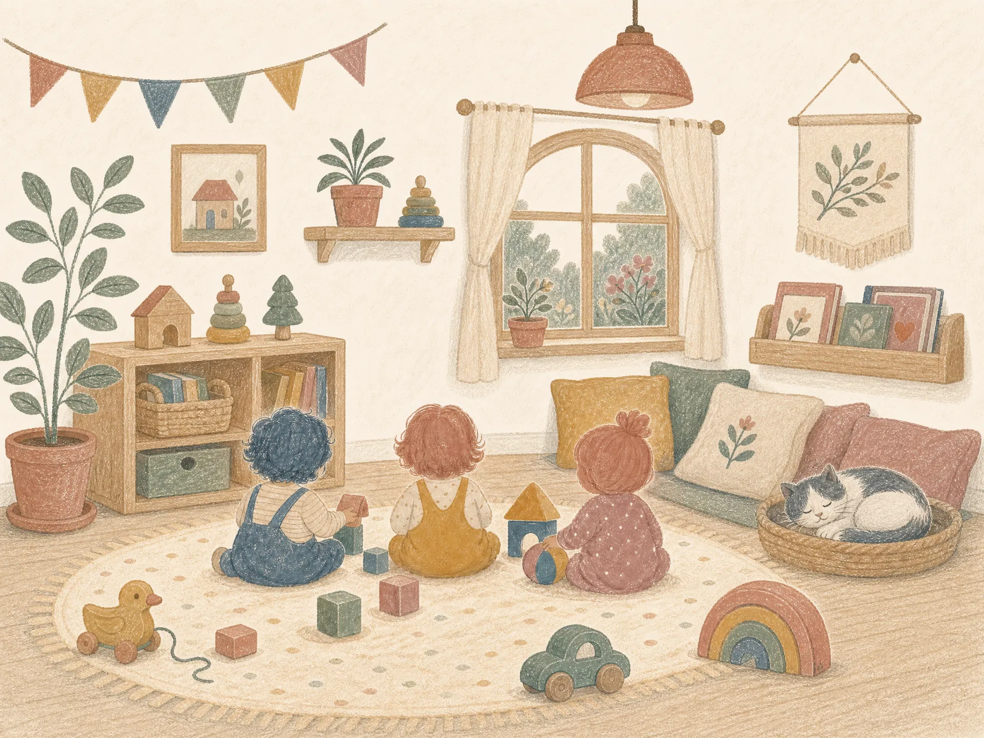 Illustration: gemütliches Spielzimmer mit Spielsachen und schlafender Katze